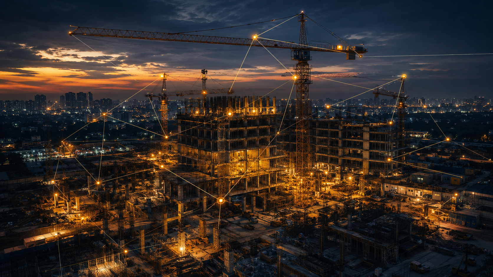 Construction site run by AI at dusk